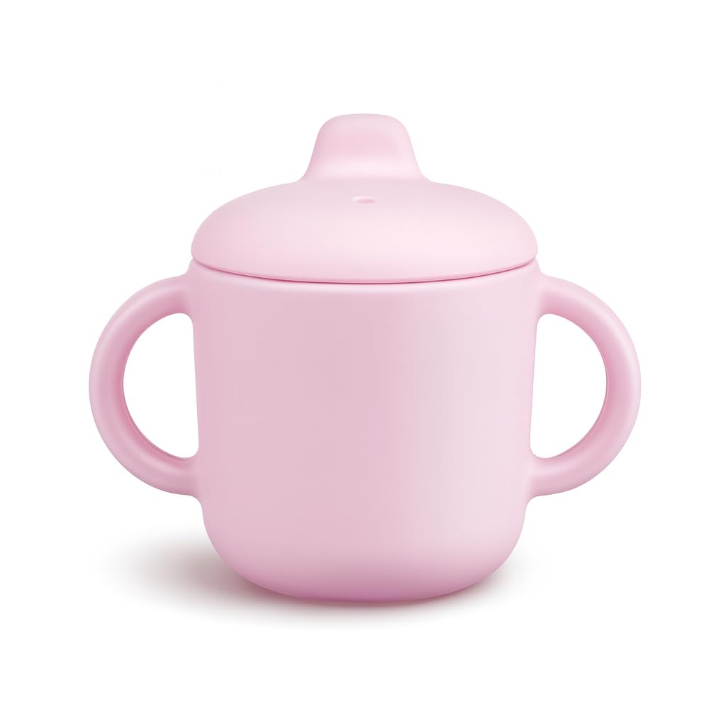 Catii 6 Months+ Sippy Cup with pink handles, silicone comfort for tender gums.