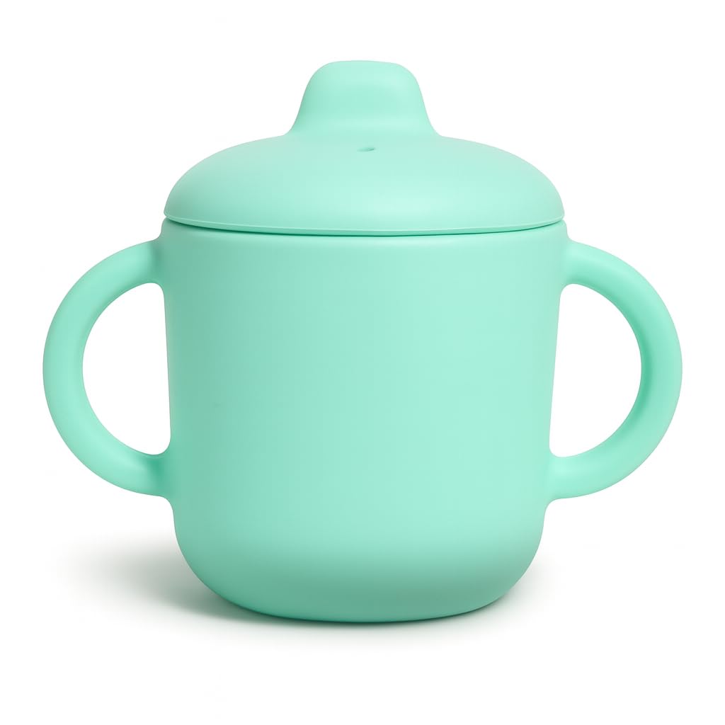 Catii Premium silicone baby straw cup in green, front view for easy self-feeding.
