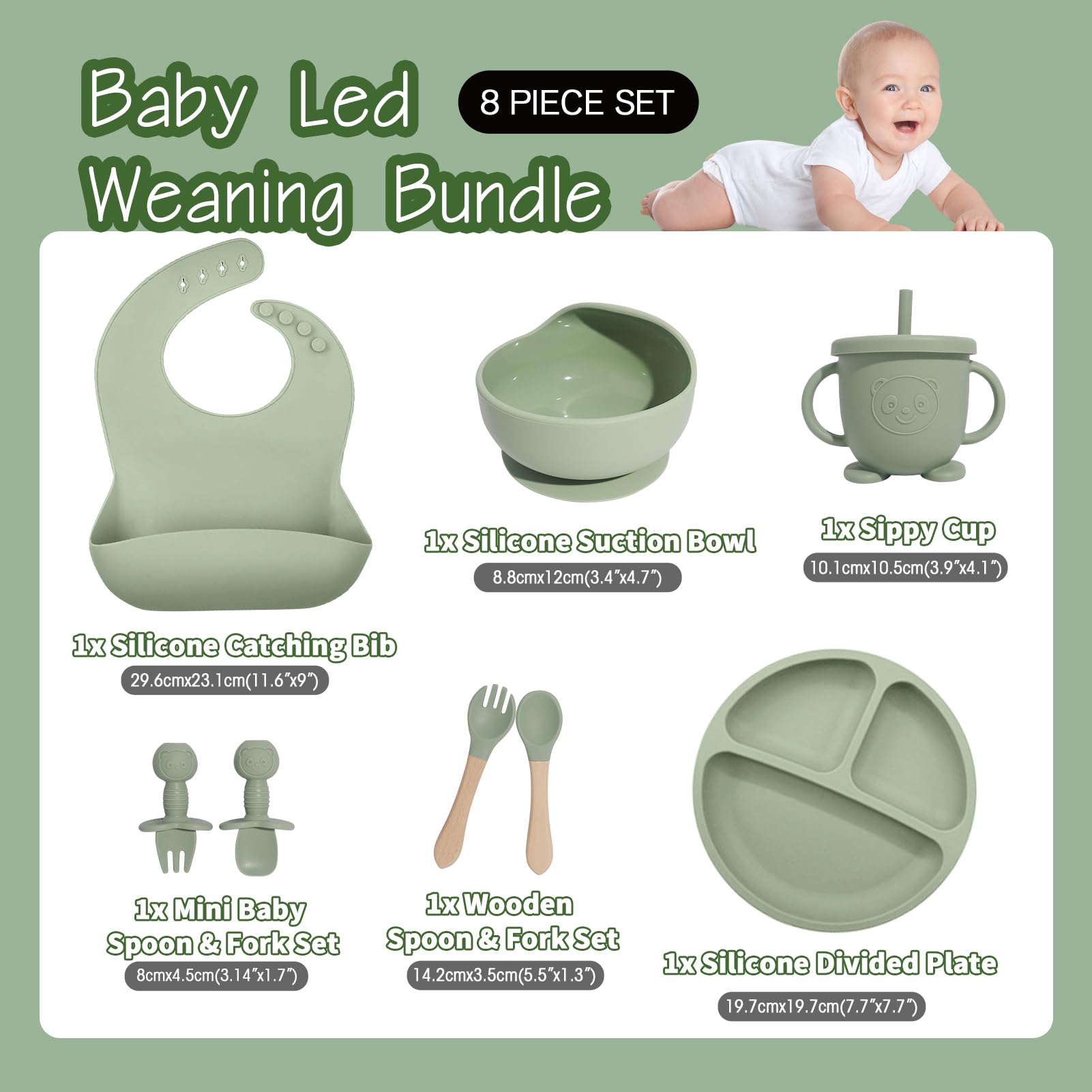 Catvegue green divided plate keeps foods separate for self-feeding.