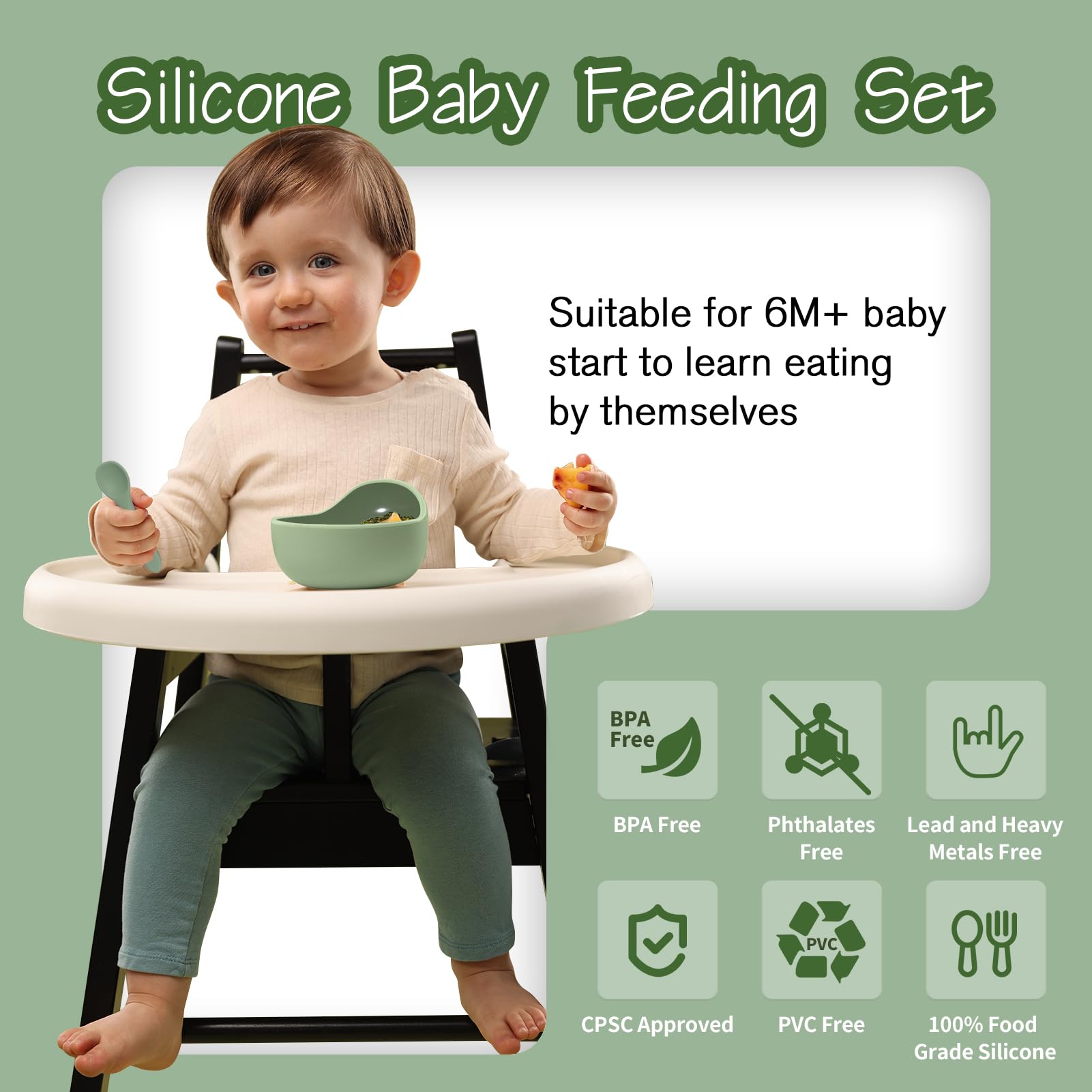 Catvegue green suction bowl sticks to smooth surfaces during meals.