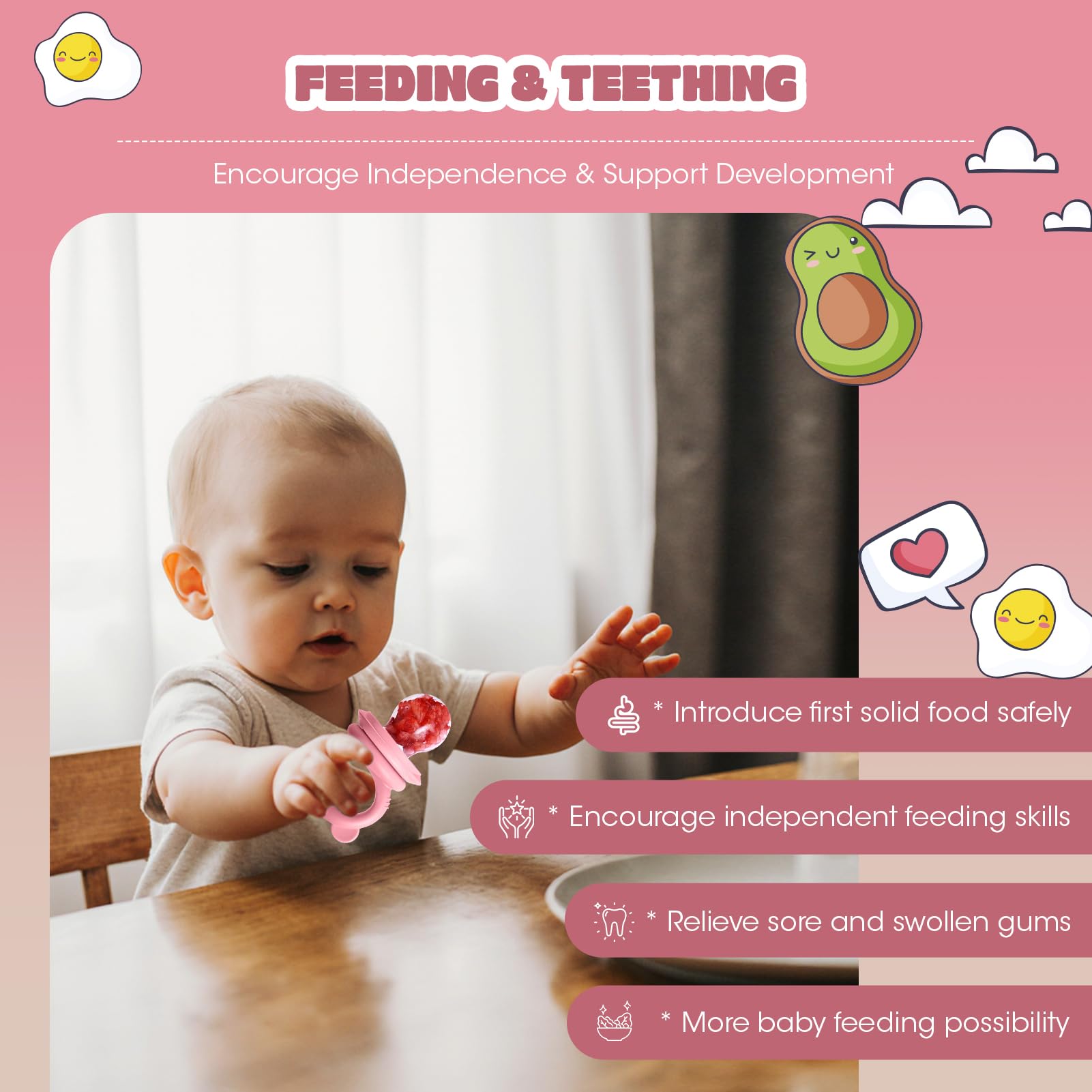 Catvegue feeder with teether handles offering teething relief and ongoing engagement