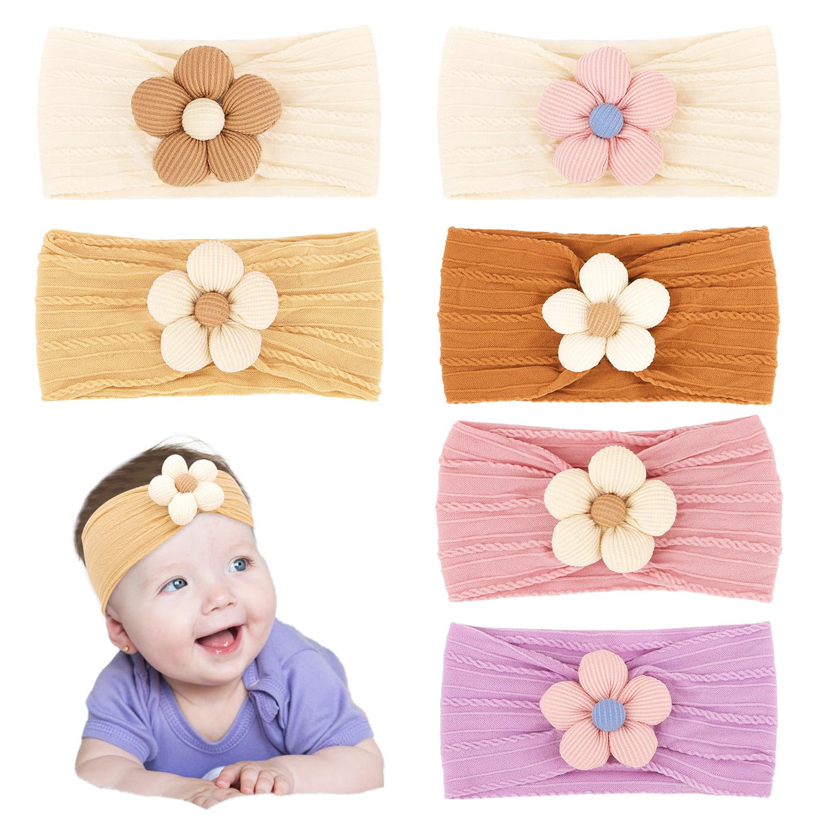 CAVETEE 6pc flower headbands for babies; versatile colors for outfits.