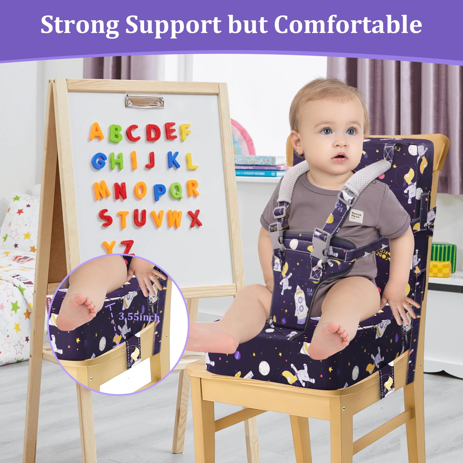 CAVWVTYU booster seat harness straps show padded comfort for toddlers during meals.