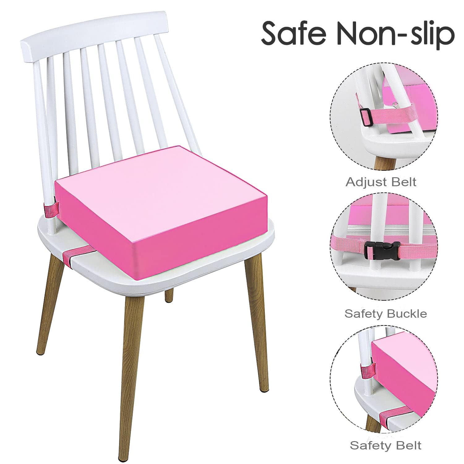 CAVWVTYU booster seat pink side angle showing secure strap system for safety