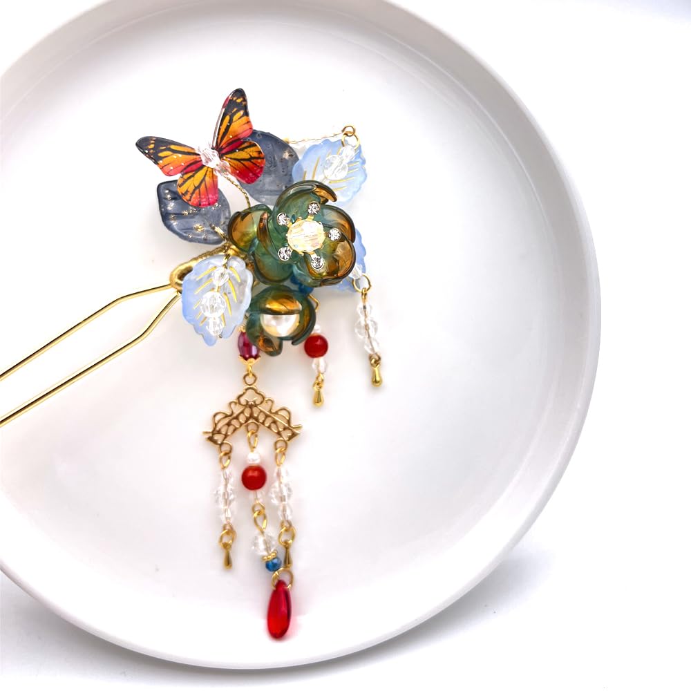Cayyoomm orange camellia hairpin with butterfly and tassel for elegant wedding styling