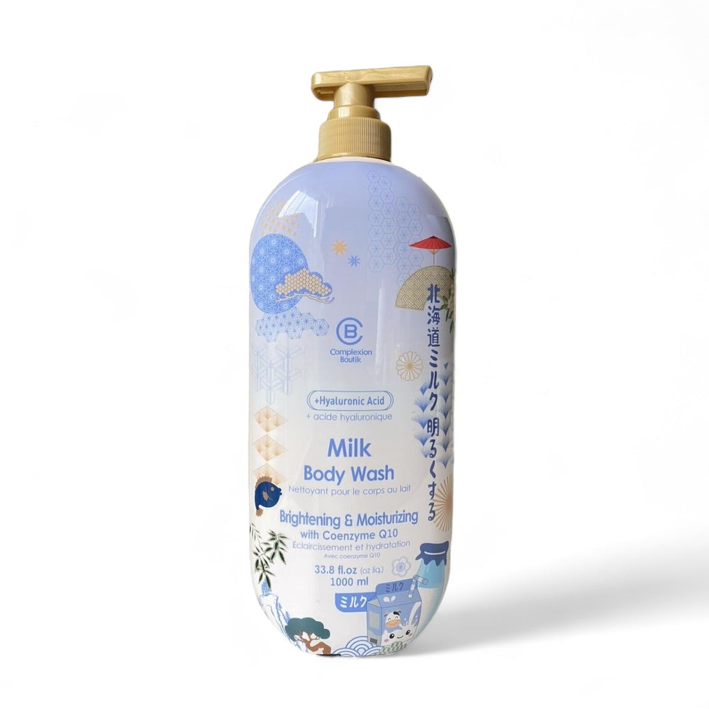 CB Complexion Boutik Milk Body Wash bottle pouring for hydrated skin