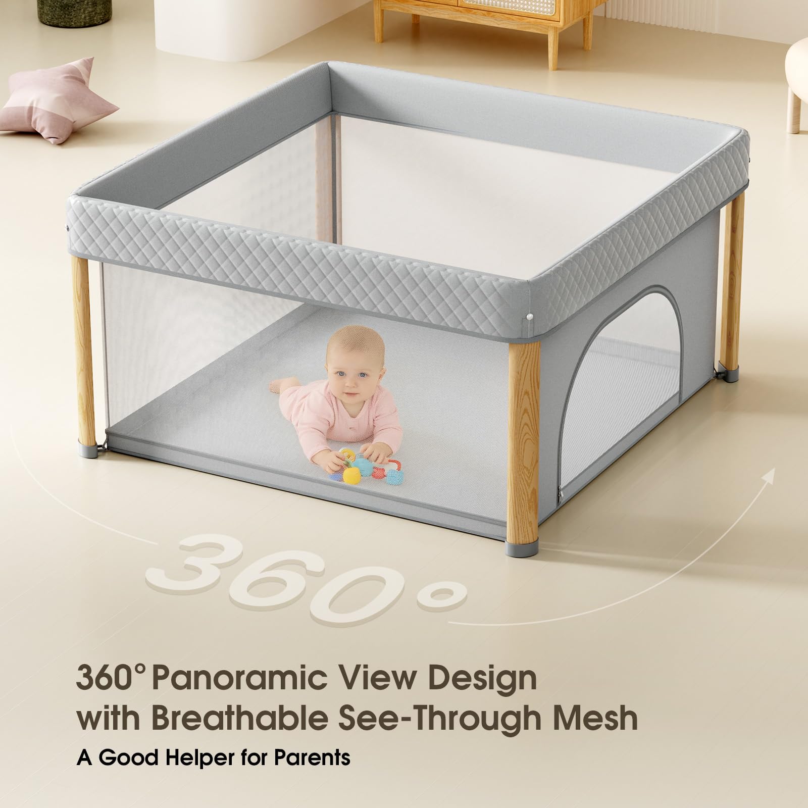 Cbcvvaer foldable playpen 360-degree mesh view keeps baby visible to caregivers.
