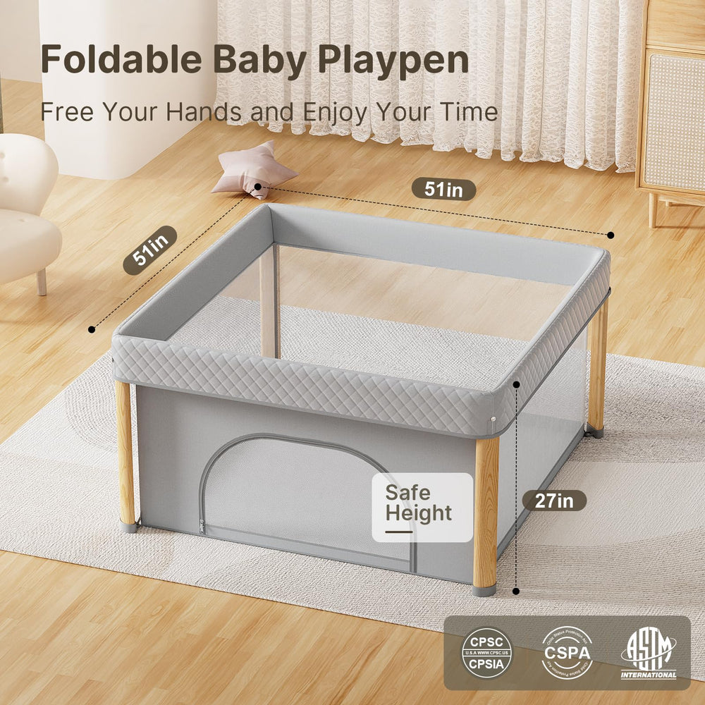 Cbcvvaer foldable playpen wood-grain-design blends with home decor.