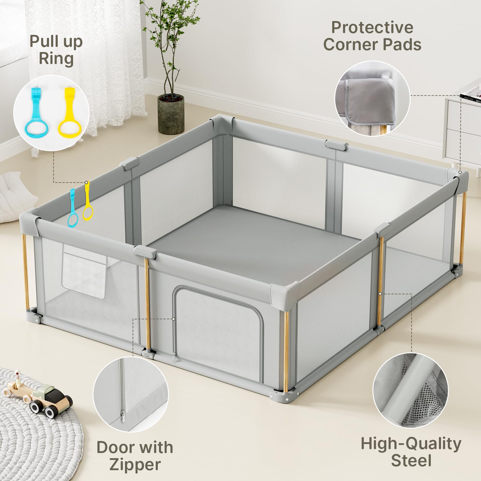 Cbcvvaer wood-grain design playpen blends with home décor.