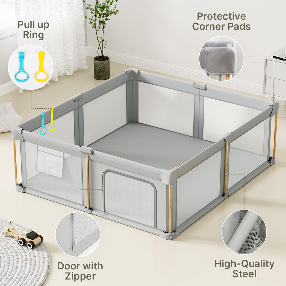 Cbcvvaer wood-grain design playpen blends with home décor.