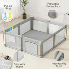 Cbcvvaer wood-grain design playpen blends with home décor.