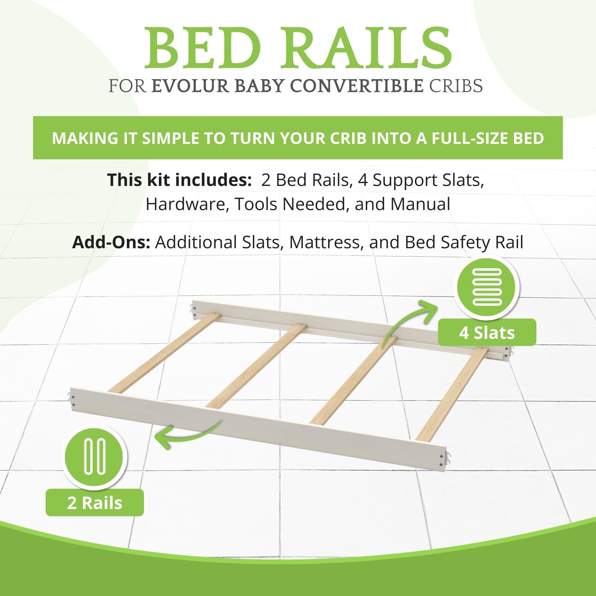 CC KITS headboard-footboard connection rails for a secure crib-to-bed setup.