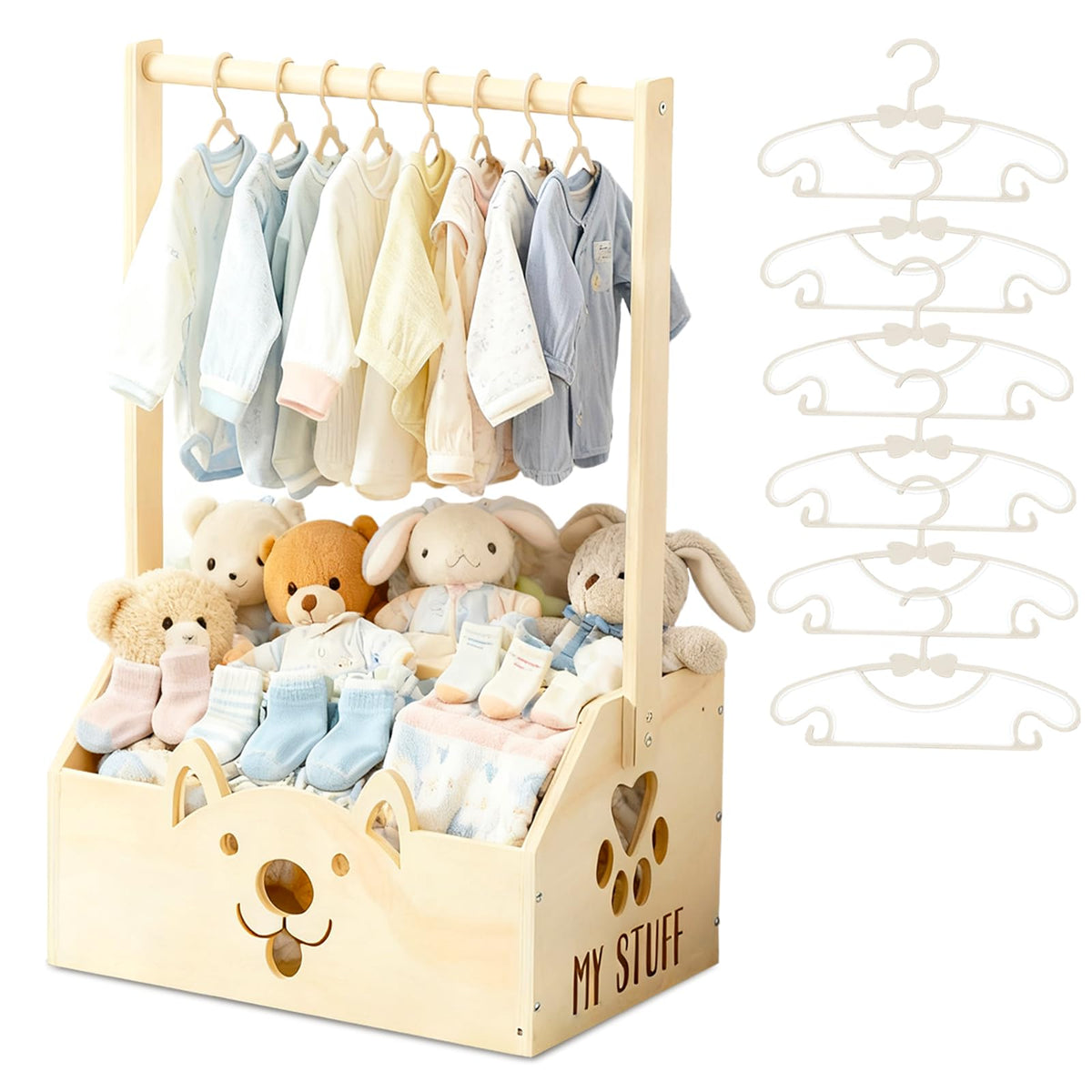 CDSDAS wooden baby shower crate closet close-up shows natural wood finish for warm nursery decor