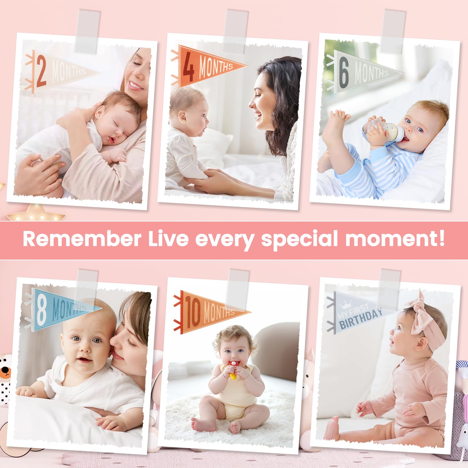 Cecliy month pennants 14pcs highlighting each month for keepsake photos.