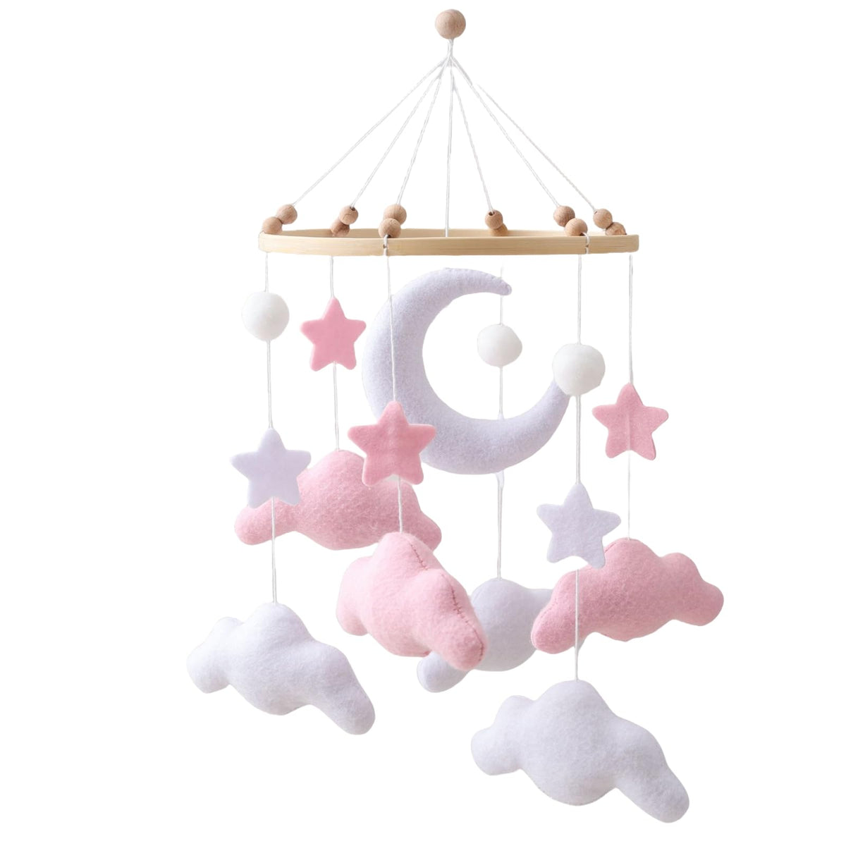 Ceecolia cloud moon mobile in gray pink enhances newborn visual focus and calm.
