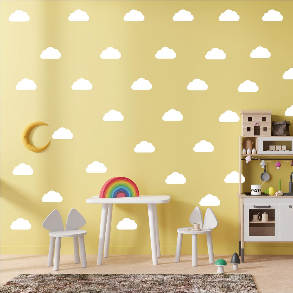 CELAENO white cloud decals on smooth walls create a playful playroom vibe