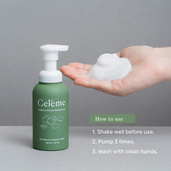 Celéme Soapberry Wash pump demonstrates spill-proof on-the-go use.