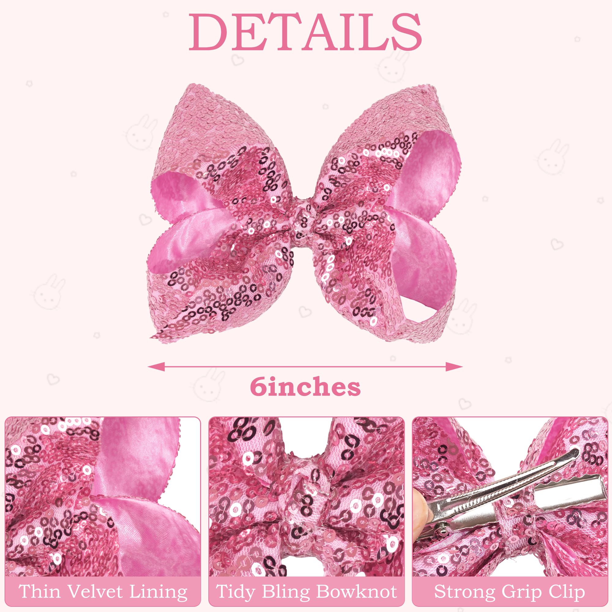 CellElection sequin bow hair clip 6in pink for party-ready outfits