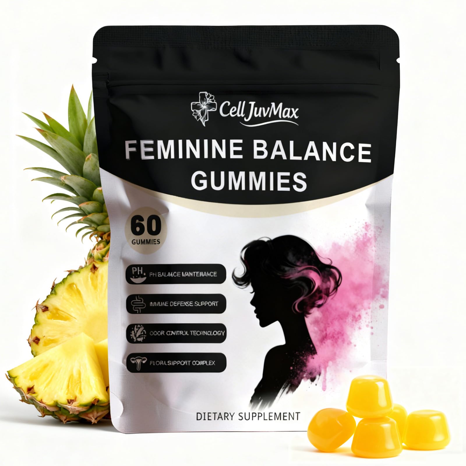 CellJuvMax Feminine Balance Gummies bottle highlights pH support and freshness.