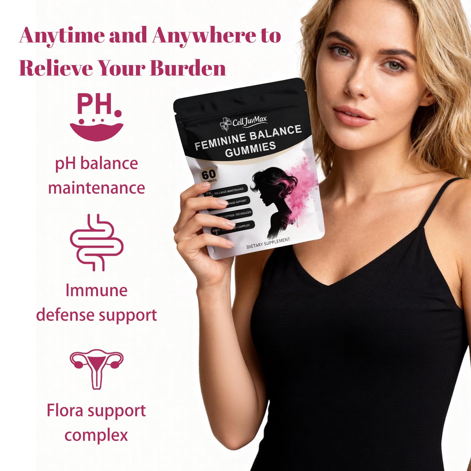CellJuvMax feminine balance box communicates discreet, convenient daily supplement.