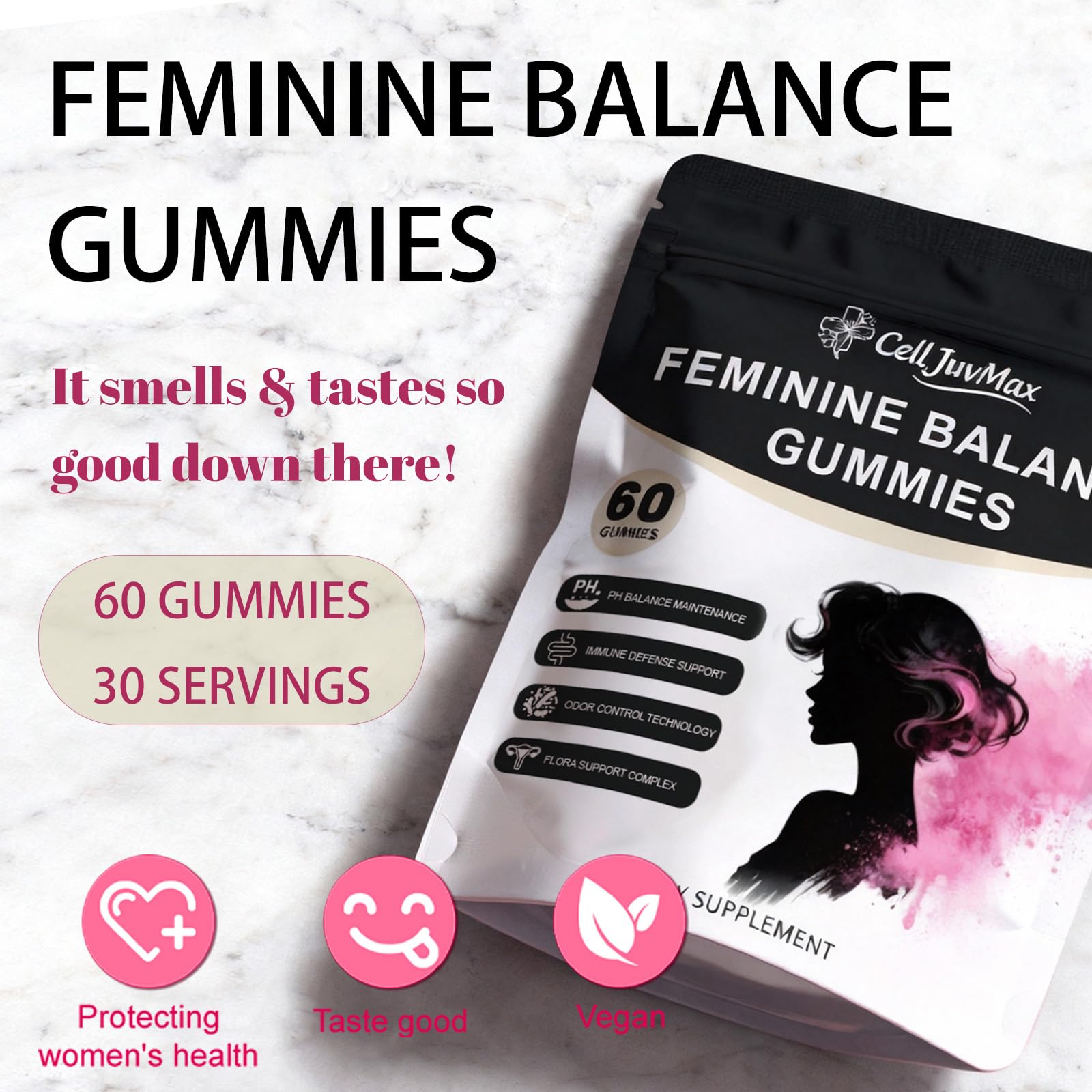 CellJuvMax label communicates gluten-free status and natural extracts for odor reduction.
