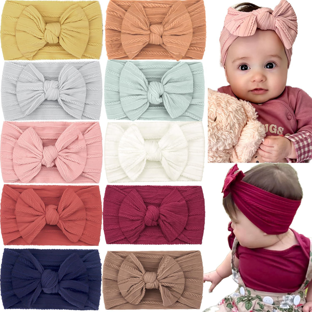 Celllot 10pcs soft knot headbands with bows, gentle elasticity ideal for newborn and infant use.