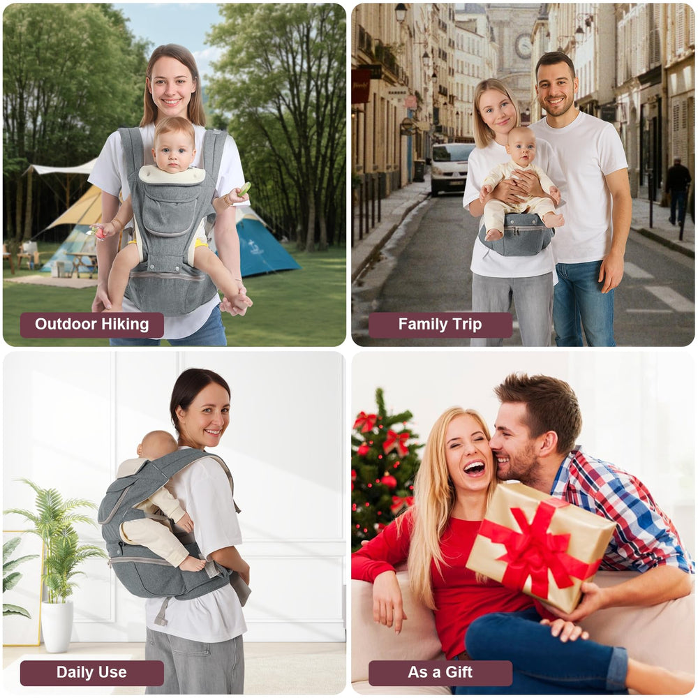 Cemobene Baby Carrier storage pocket keeps bottles and wipes organized.
