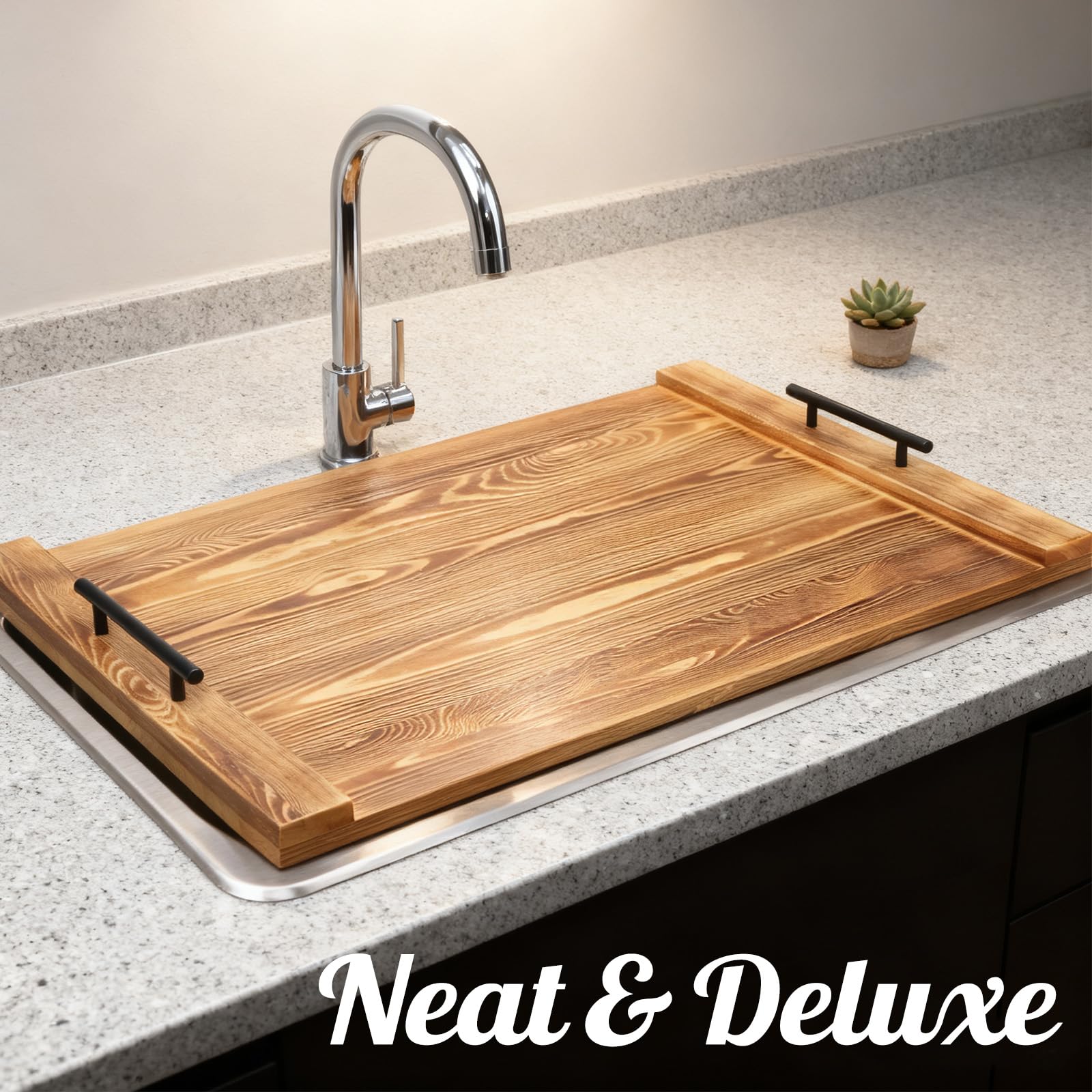 Cenleoha serving tray in wood finish for easy transport of ingredients.