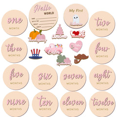 Cephira monthly milestone discs in pink with Hello World sign for newborn documentation