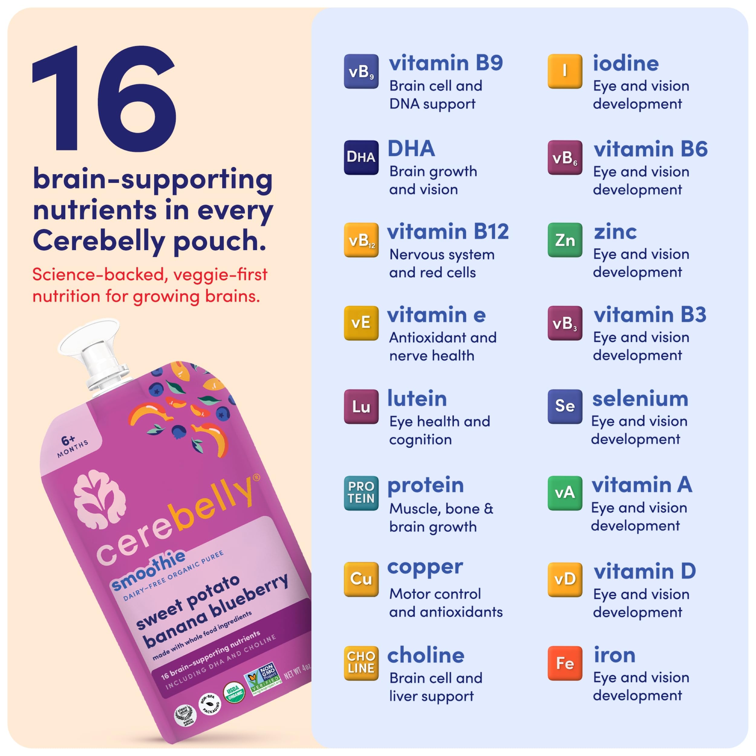Cerebelly 16 nutrients label highlights brain-support nutrients.