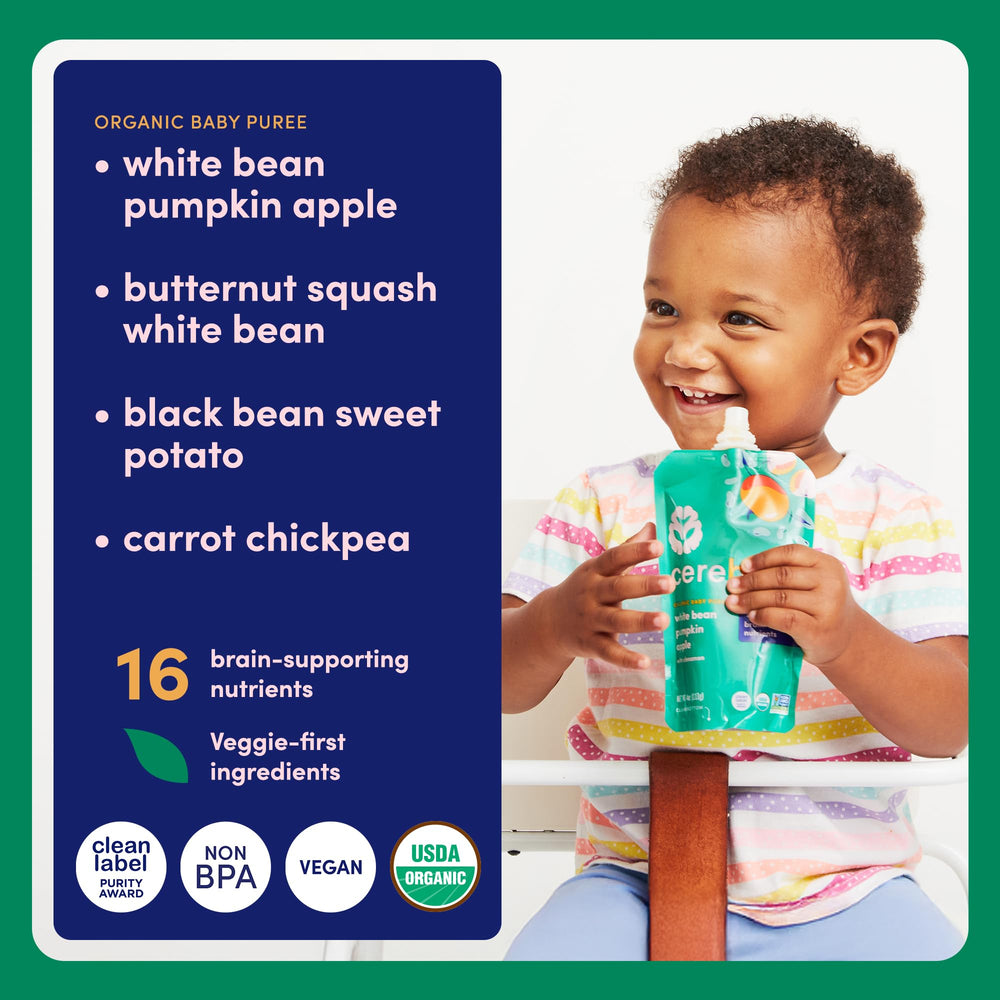 Cerebelly baby eating pouch on plate for easy self-feeding