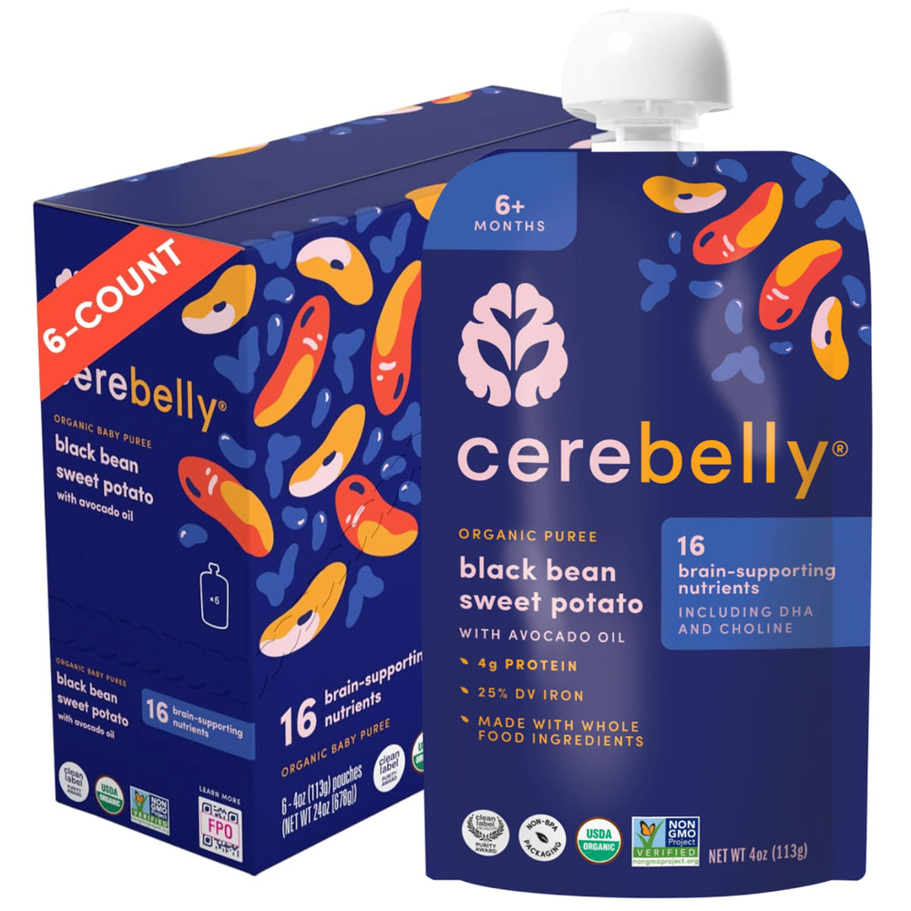 Cerebelly black bean sweet potato pouch on table for convenient, on-the-go meals.