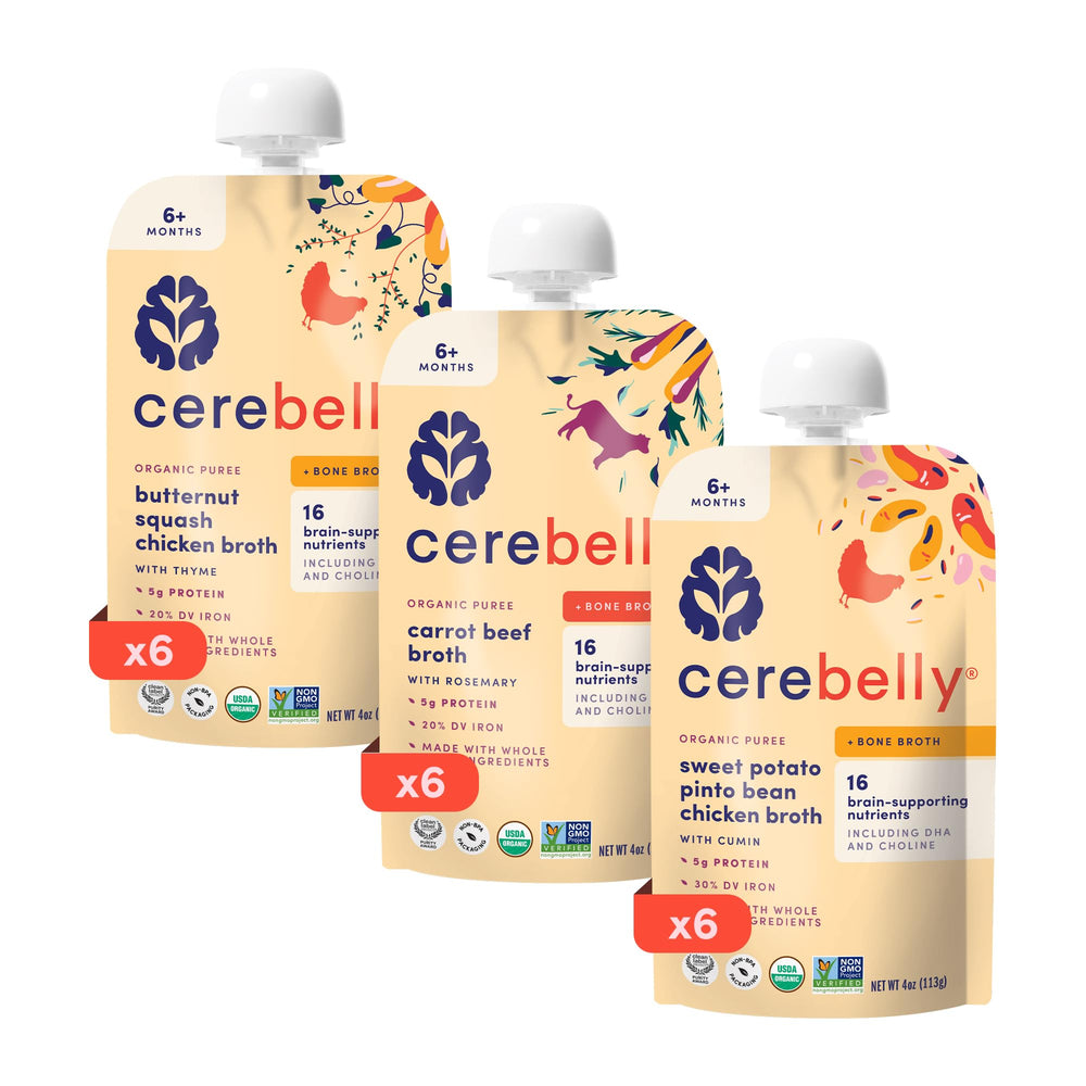 Cerebelly bone broth baby pouches front view for convenient on-the-go nutrition.