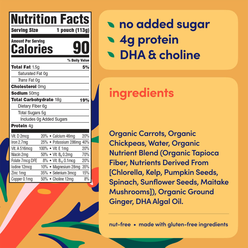 Cerebelly carrot-chickpea pouch nutrition label highlights 16 nutrients