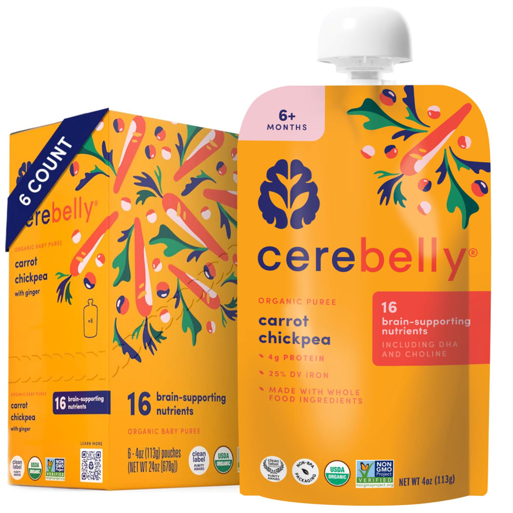 Cerebelly carrot-chickpea pouch packaging for quick on-the-go meals