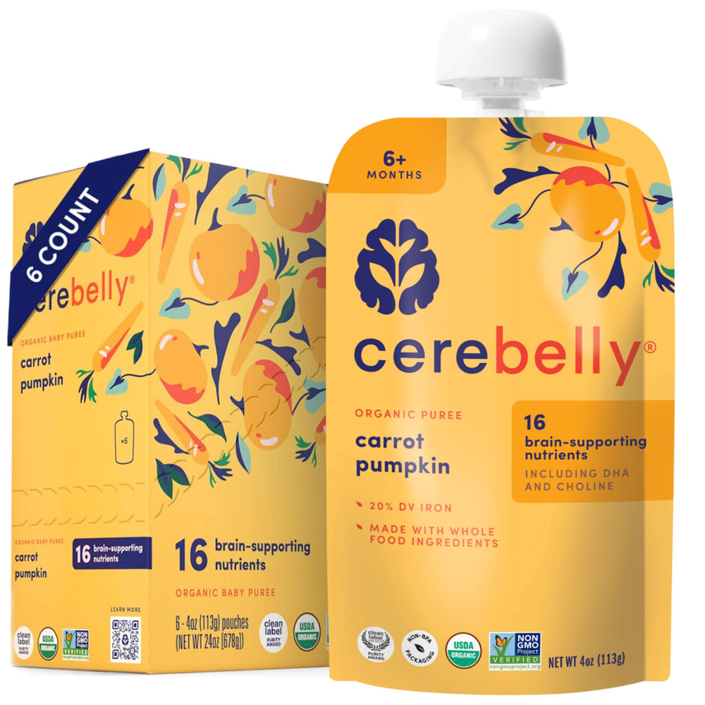 Cerebelly carrot-pumpkin pouch front view, convenient on-the-go organic nourishment.
