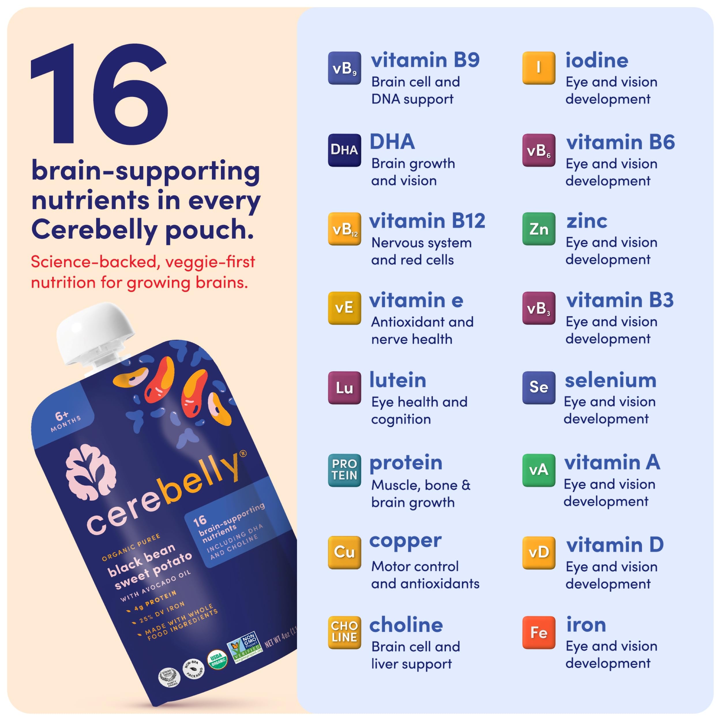 Cerebelly clean-label purity award pouch signals quality and safety.