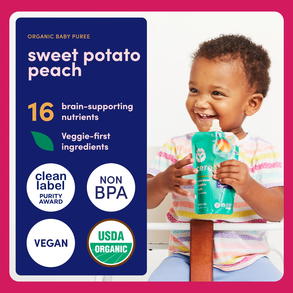 Cerebelly dairy-free spinach-strawberry-banana pouch suitable for dairy-sensitive kids.
