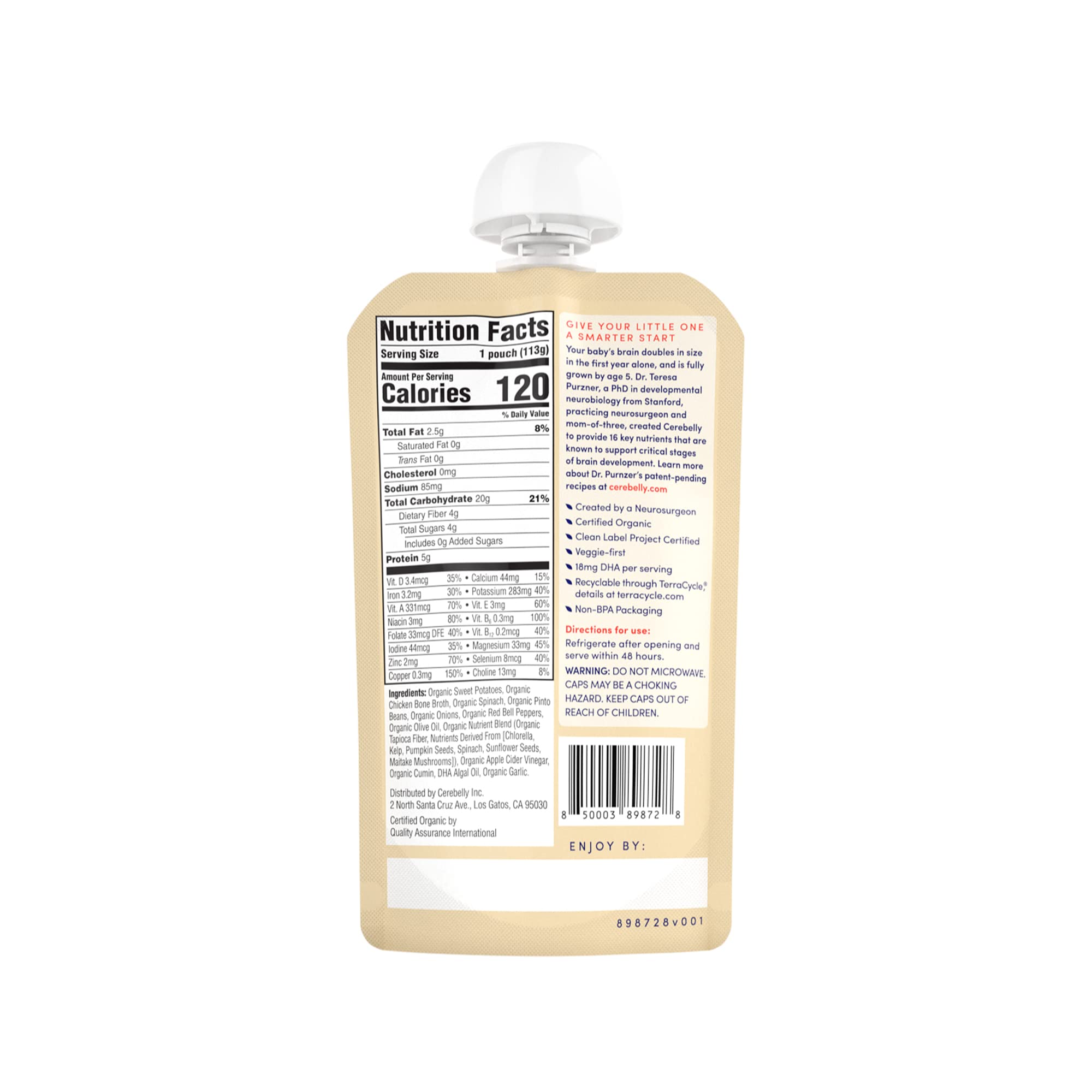 Cerebelly pouch includes clear expiration and lot codes.