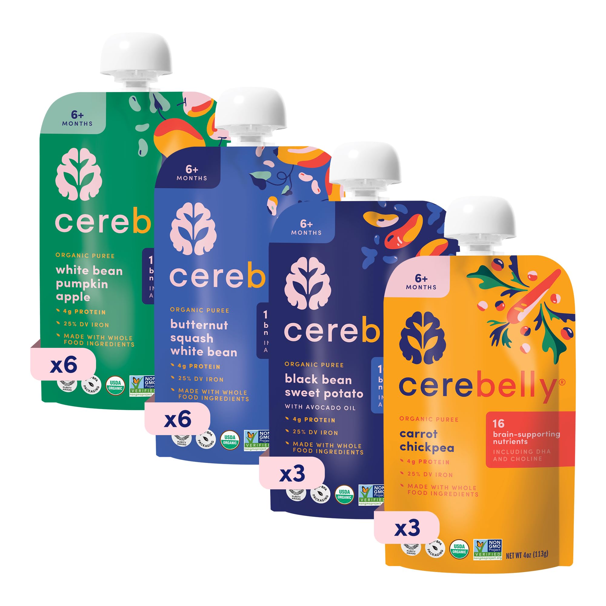 Cerebelly organic baby food pouch packaging with clean labels for on-the-go meals