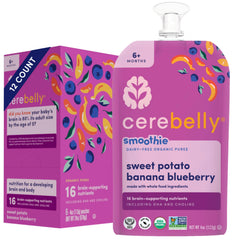 Cerebelly organic baby pouch with sweet potato, banana, blueberry for balance.