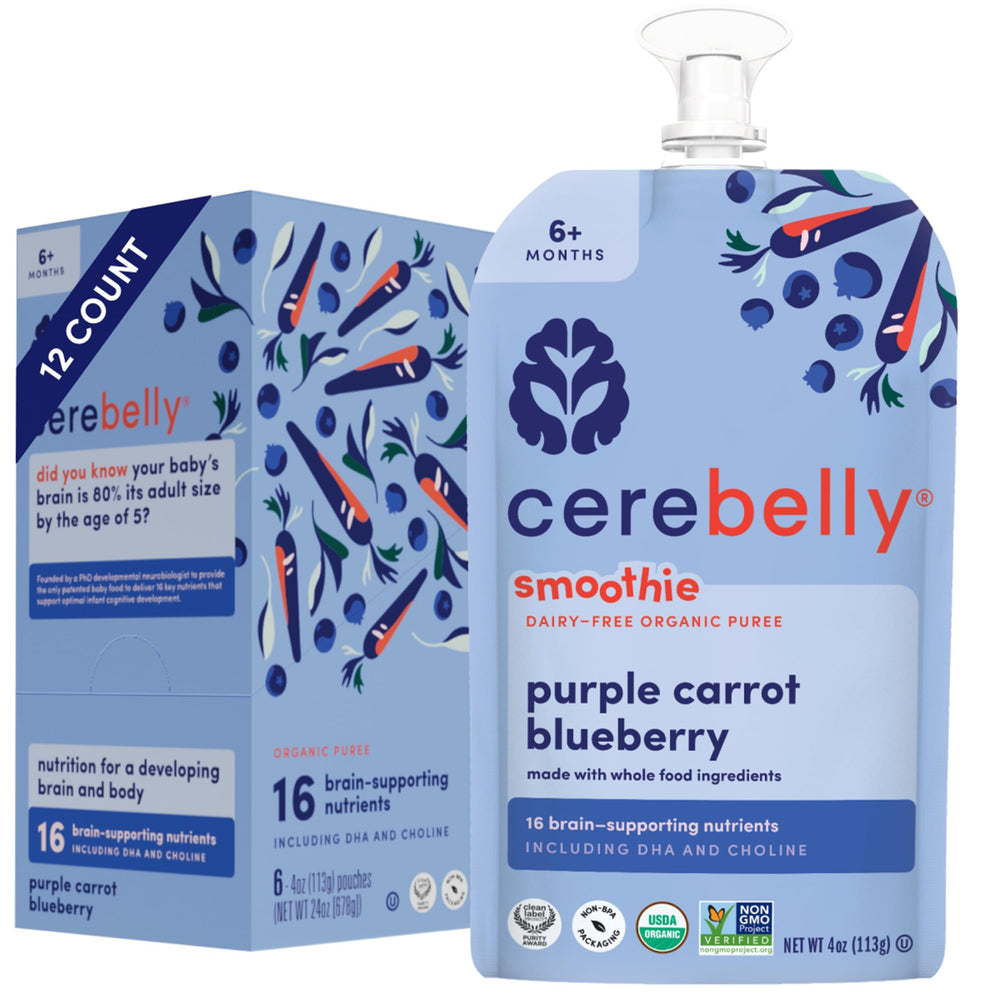 Cerebelly front pouch shows purple carrot and blueberry blend, convenient nutrition for on-the-go meals.