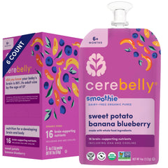 Cerebelly organic baby pouch with sweet potato banana blueberry for on-the-go nutrition.