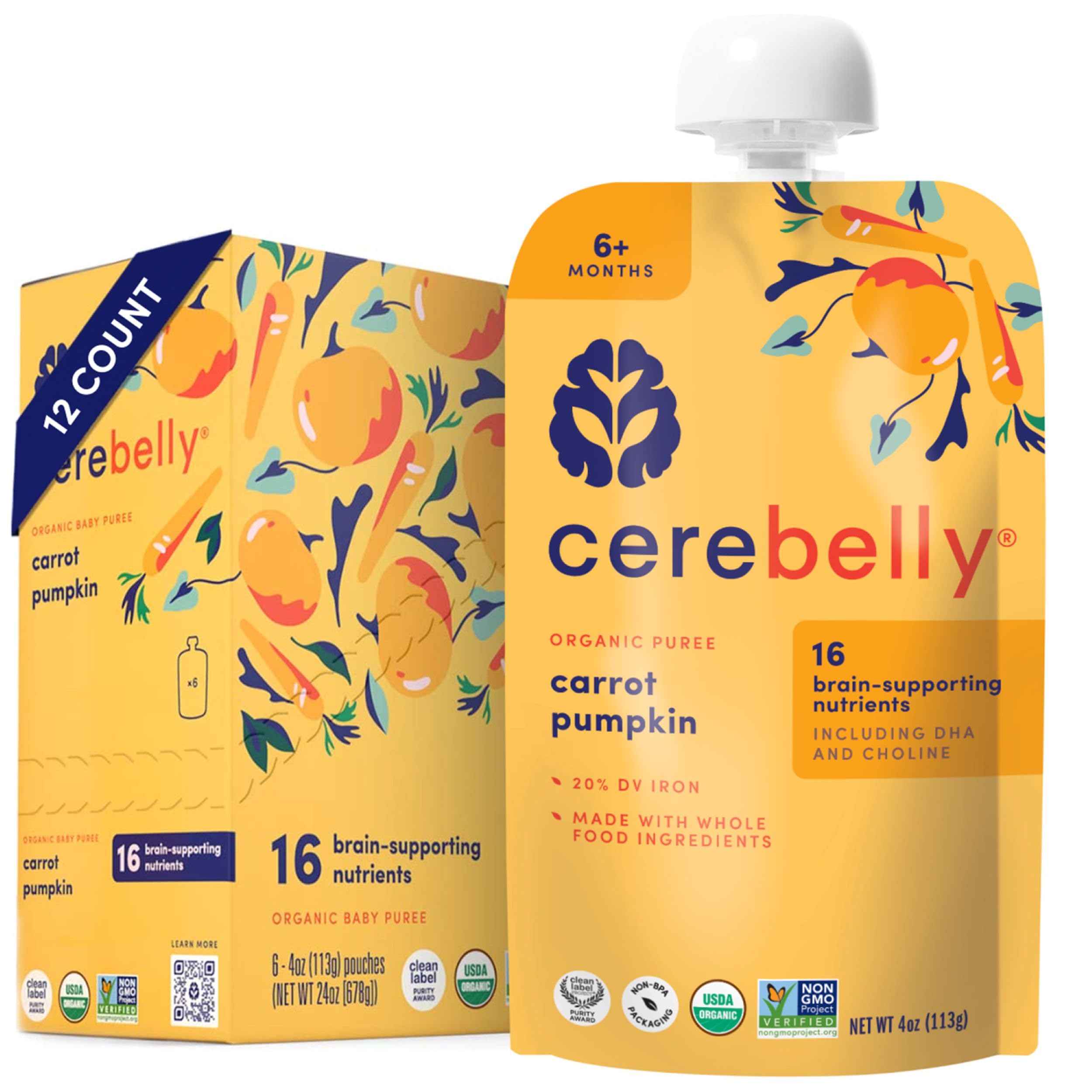 Cerebelly organic baby pouch with carrot-pumpkin puree delivering balanced nutrition for growing minds.