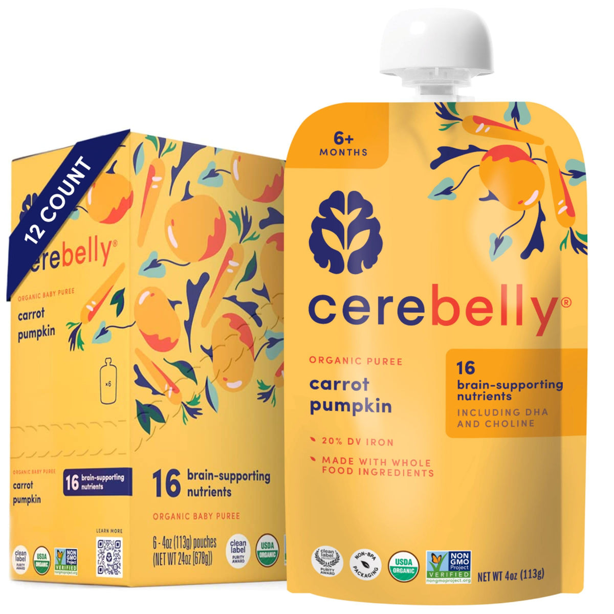 Cerebelly organic baby pouch with carrot-pumpkin puree delivering balanced nutrition for growing minds.