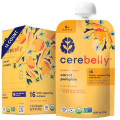 Cerebelly organic baby pouch with carrot-pumpkin puree delivering balanced nutrition for growing minds.