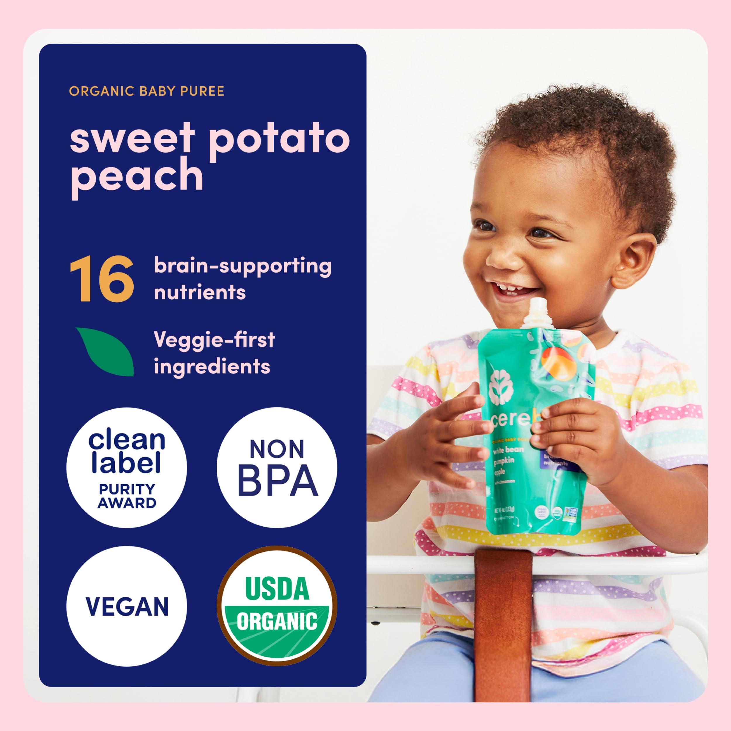 Pouch opened to reveal Sweet Potato Peach blend for easy serving.