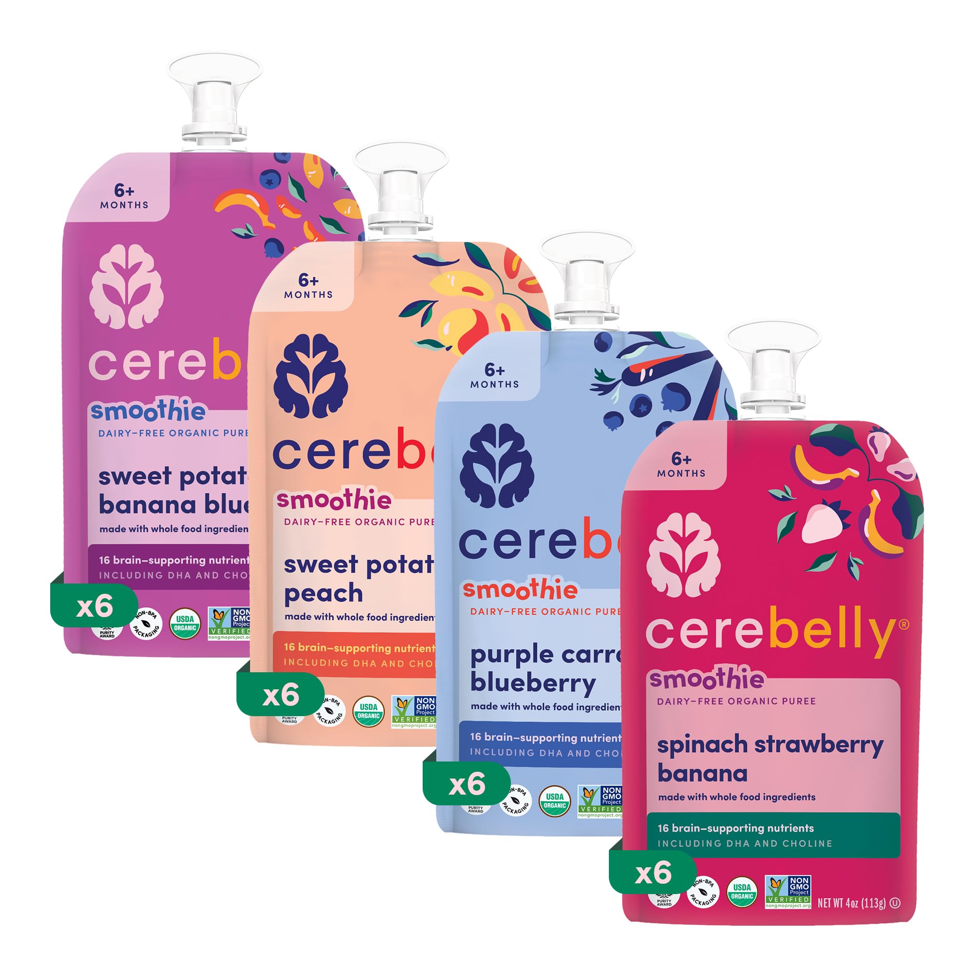 Cerebelly smoothie variety pack 4oz pouches for easy on-the-go nutrition.