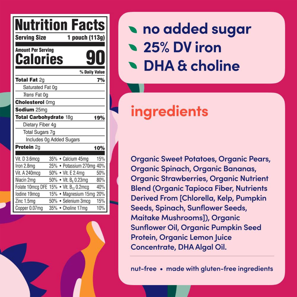 Cerebelly spinach-strawberry-banana pouch highlights 16 nutrients for growing brains.