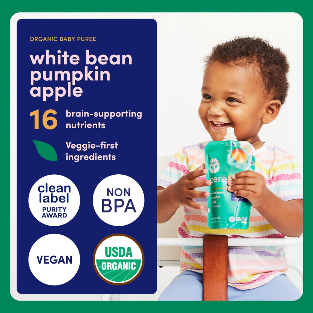 Cerebelly spoon-taste moment with smooth puree for baby enjoyment.